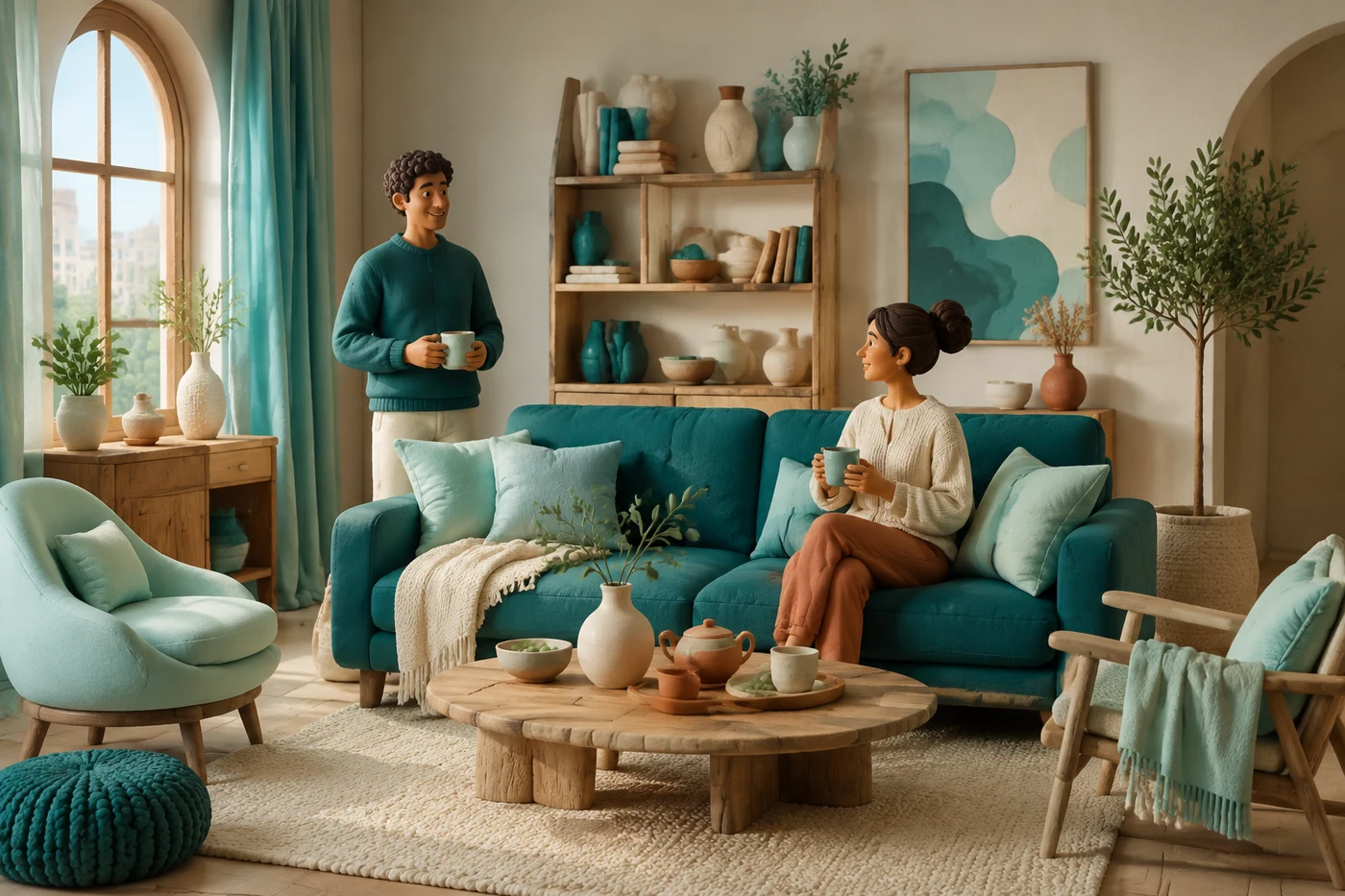 An airy shared room with teal seating, warm wood and space to welcome someone
