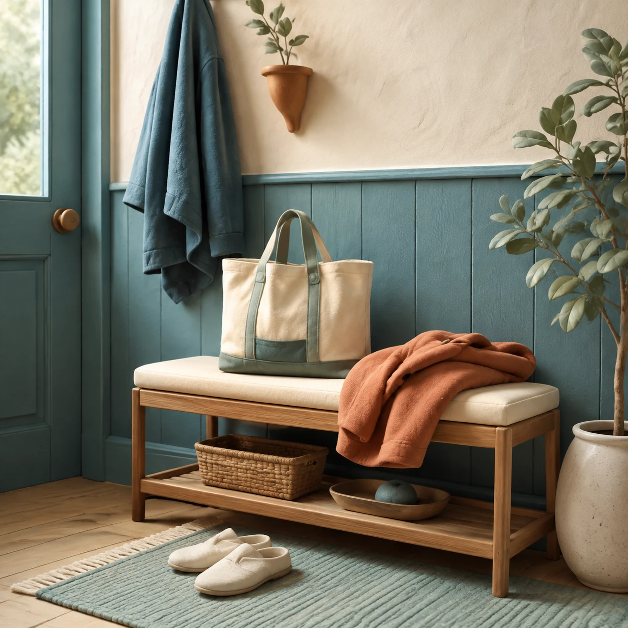 An entrance bench with a bag and folded coat