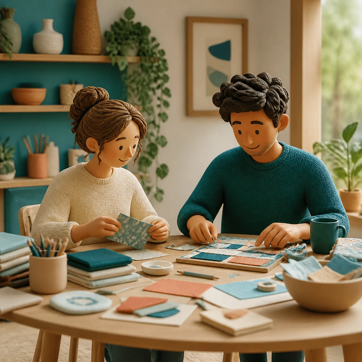 A clear craft table with paper and fabric