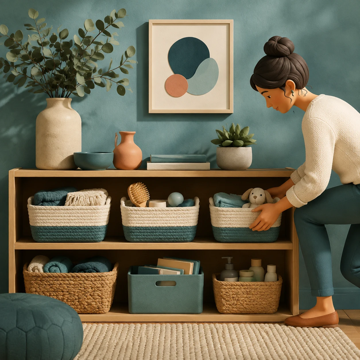 A tidy shelf of useful objects in baskets