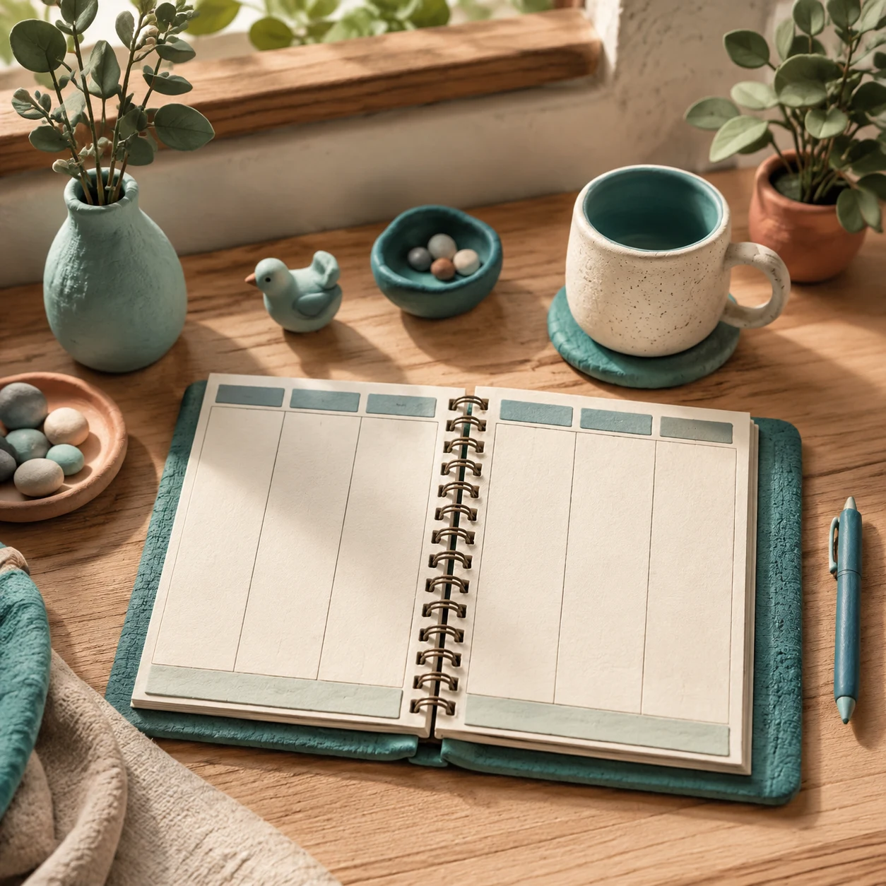 A blank planner and tactile clay objects on a desk