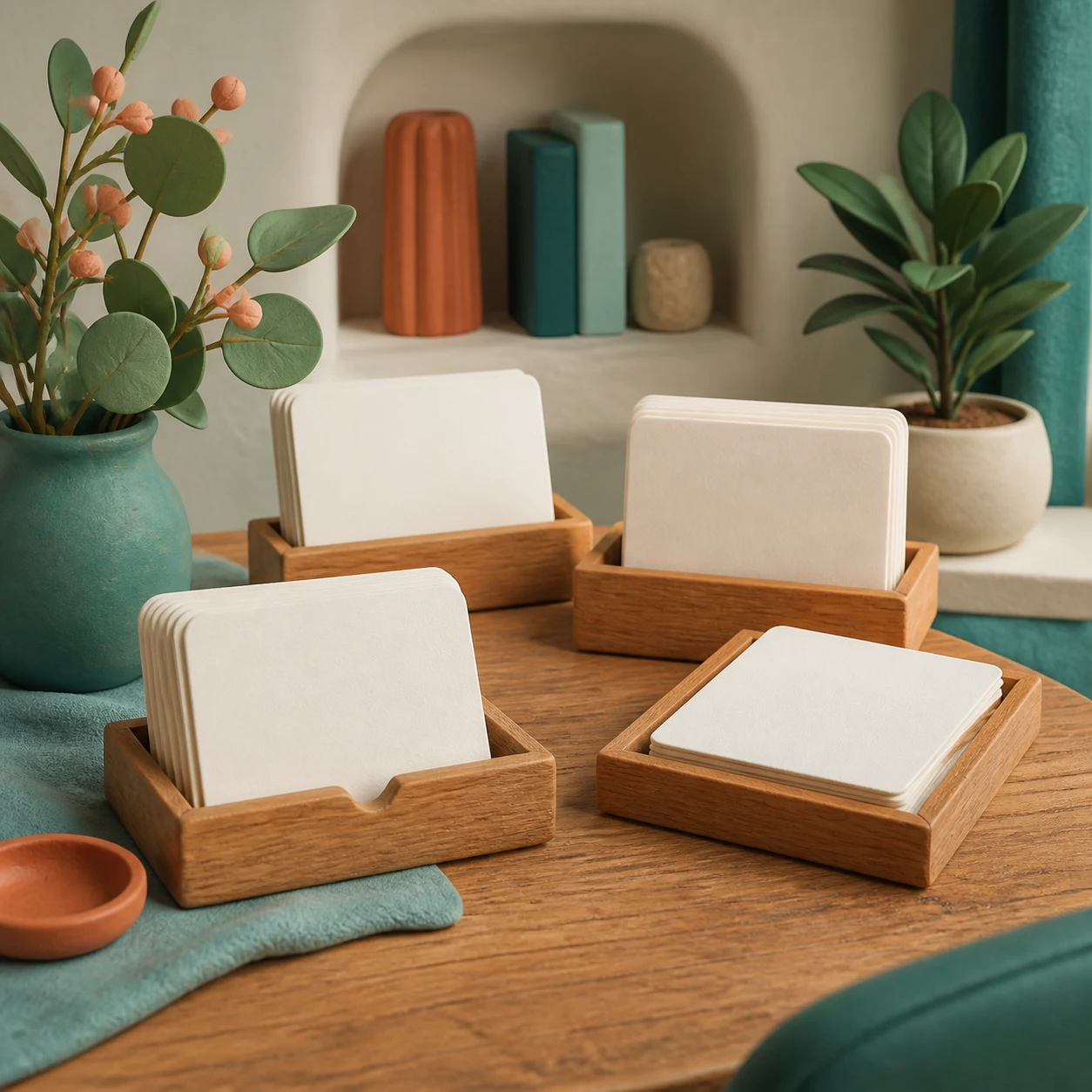 Blank plan cards arranged in shallow wooden trays