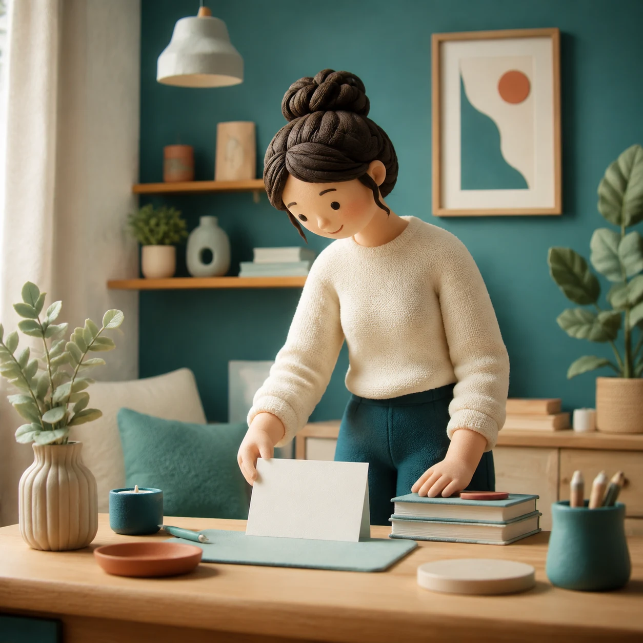 A stylized adult placing a card on a tidy desk