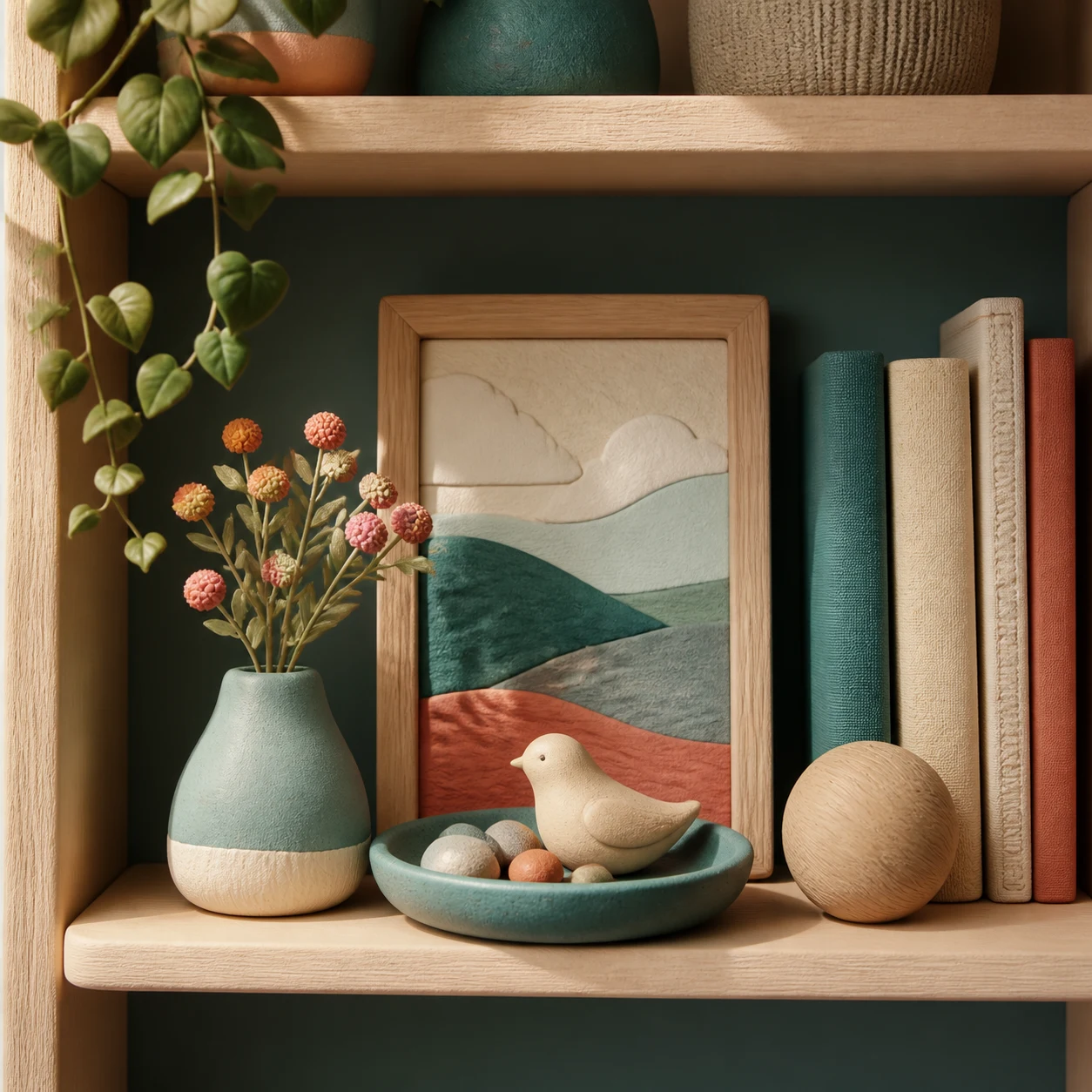 Meaningful everyday objects arranged on an open shelf