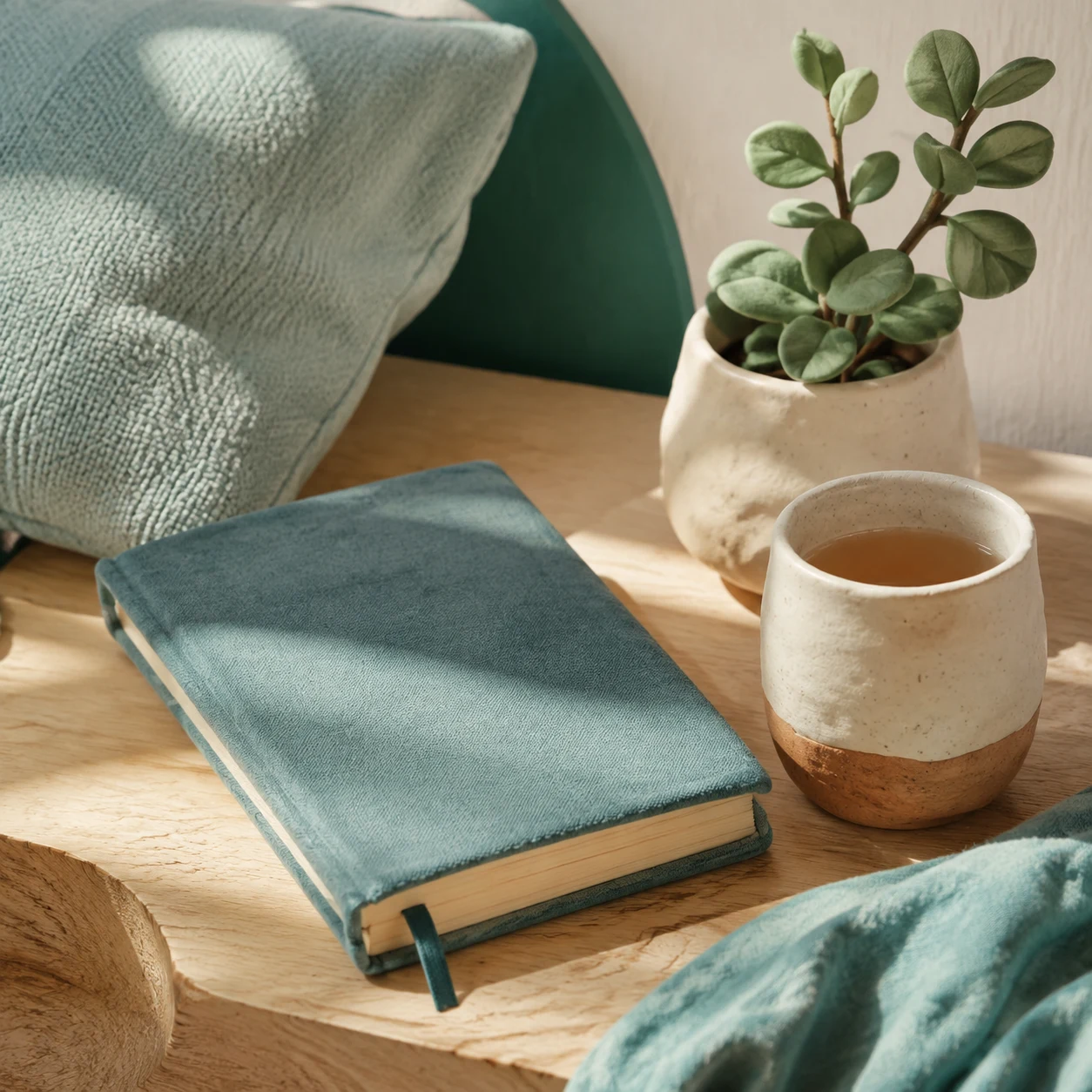 A fabric notebook beside a handmade cup and plant
