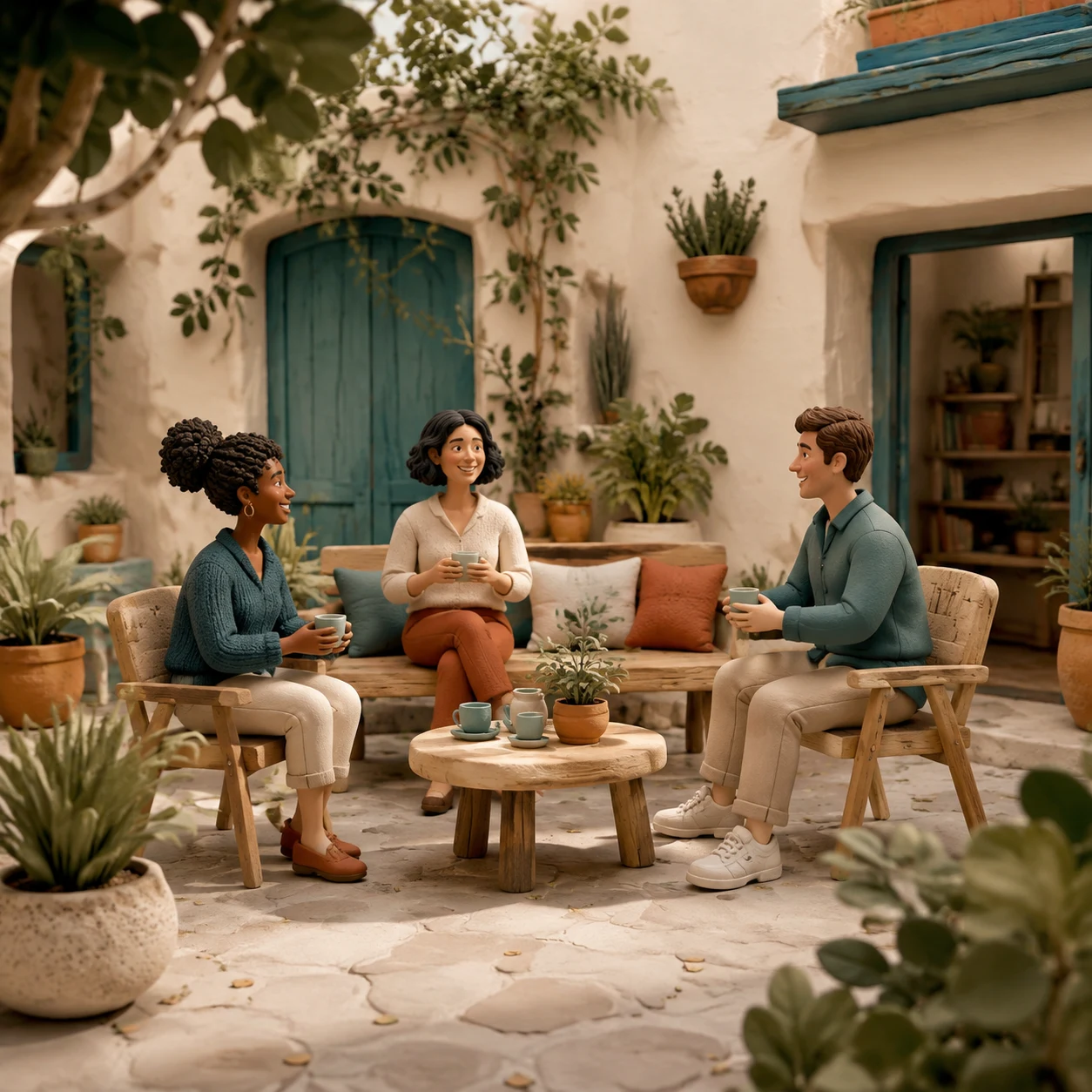 A welcoming shared courtyard with a bench and plants