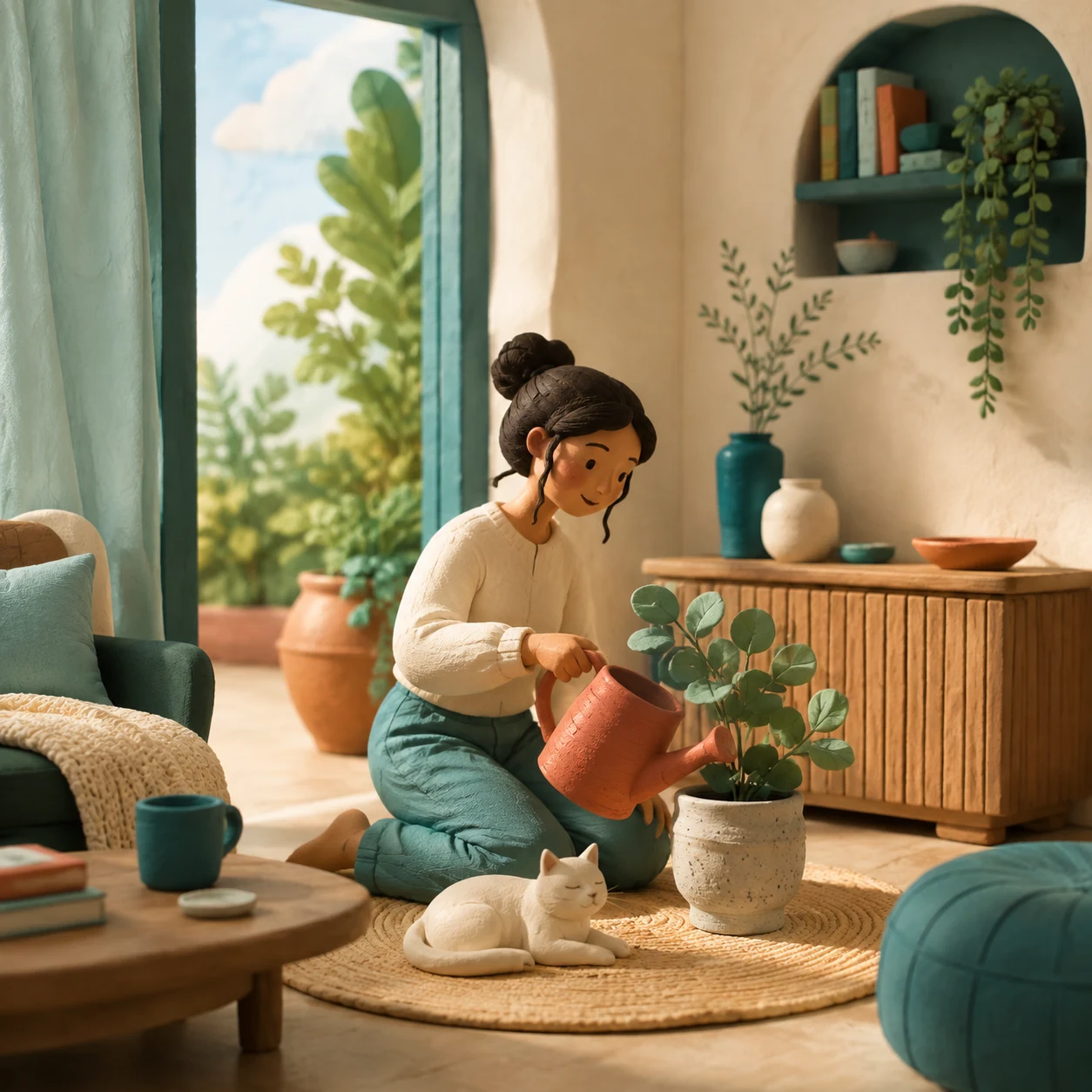 A serene room opening toward morning daylight